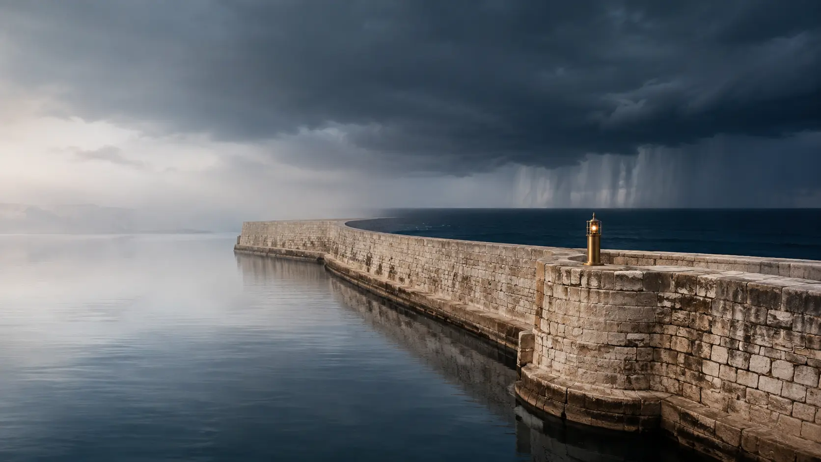 A protected stone harbour in calm water